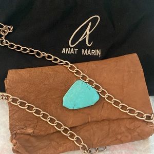 Anat Marin Soft Leather Wallet/Clutch in color Cognac with Turquoise Stone.